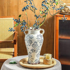Enra Vintage vase with Handle,12.6 inch Blue and White Ceramic Decorative Flower vase, Chinoiserie Floral Vase,Large Rustic Vases for Home Decors, Living Room, Bookshelf, Office