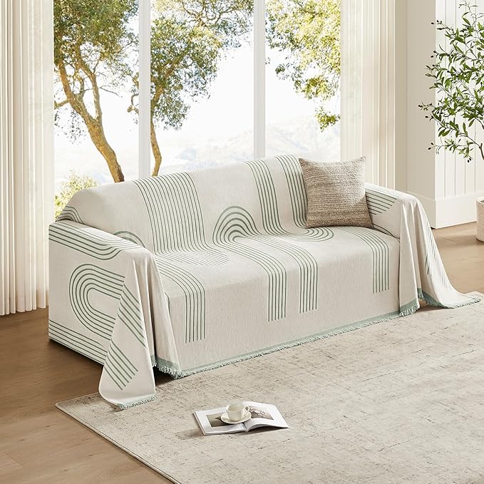 Boho Couch Cover Washable Sectional Couch Covers for Dogs Reversible Sofa Slipcover for 2 or 3 Cushion Couch Pet Friendly Furniture Protector (3# Sage Green, 91" x 150")