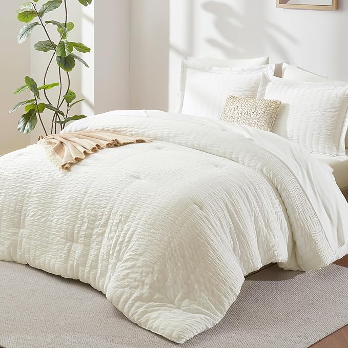 CozyLux King Size Comforter Set Ivory Seersucker 7 Pieces Bed in a Bag King Comforter Set with Sheets, Luxury Soft Bedding Set with Down Alternative Comforter, Sheets, Pillowcases & Shams All Seasons