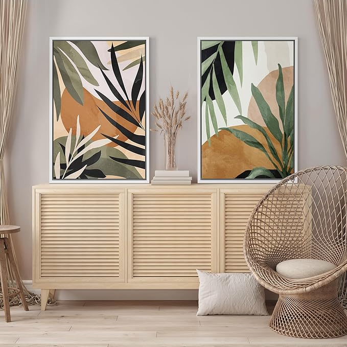 SIGNFORD Framed Canvas Print Wall Art Set Tropical Island Palm Leaf Geometric Collage Abstract Nature Illustrations Modern Art Decorative Minimalist Floral Botanical for Bedroom - 16"x24"x2 White