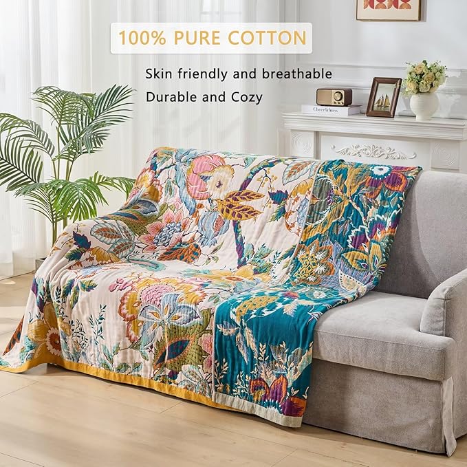 Boho Throw Blanket for Bed, Double Sided Floral Decorated Bohemian Couch Blanket, Lightweight Breathable 100% Cotton Throw Blanket,Room, Farmhouse, Bed Decor (Happiness,50"x60")