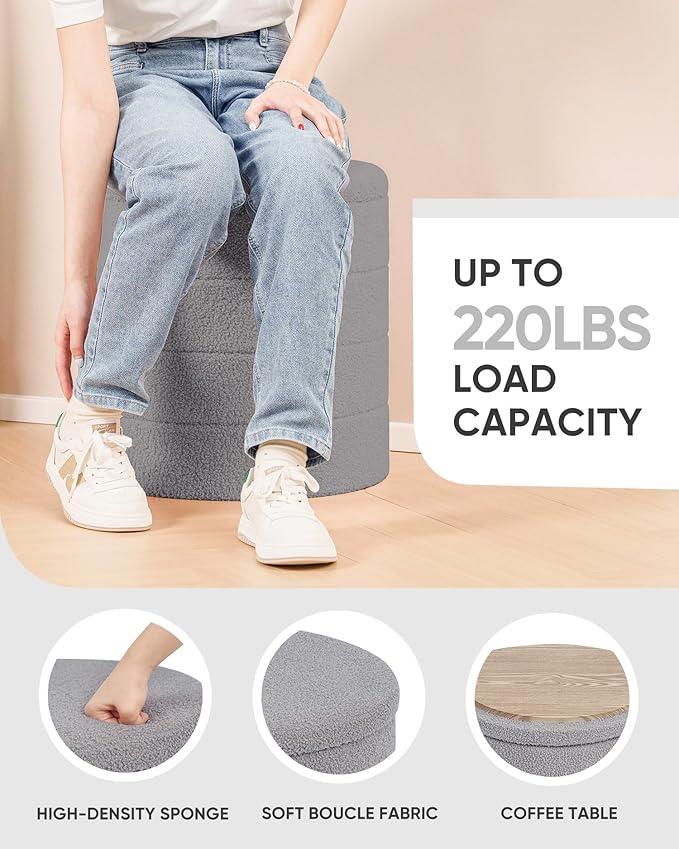 B FSOBEIIALEO Ottoman with Stroage, Round Sherpa Storage Ottoman Stool, Boucle Foot Rest 16.9"x16.9"x17.7"（Grey