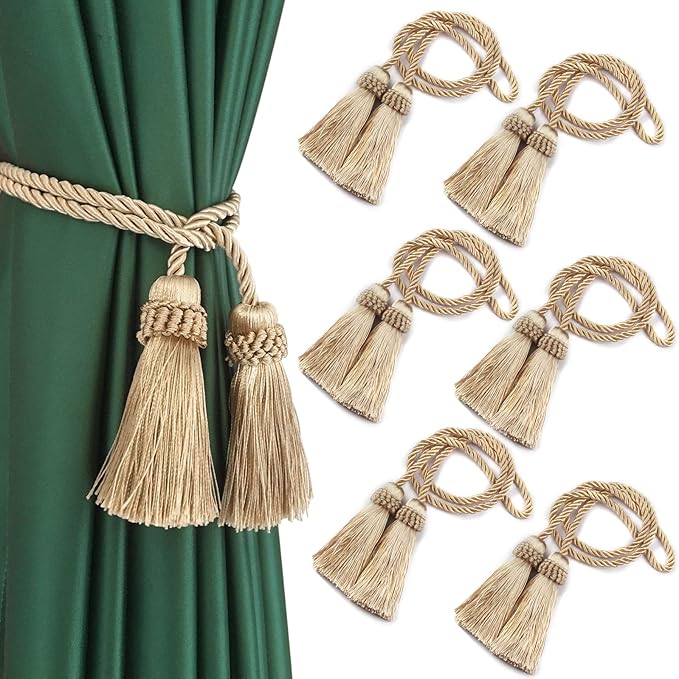 Fenghuangwu Curtain Tiebacks Handmade Decorative Curtain Holdbacks Rope with Tassel (Beige, 6P)