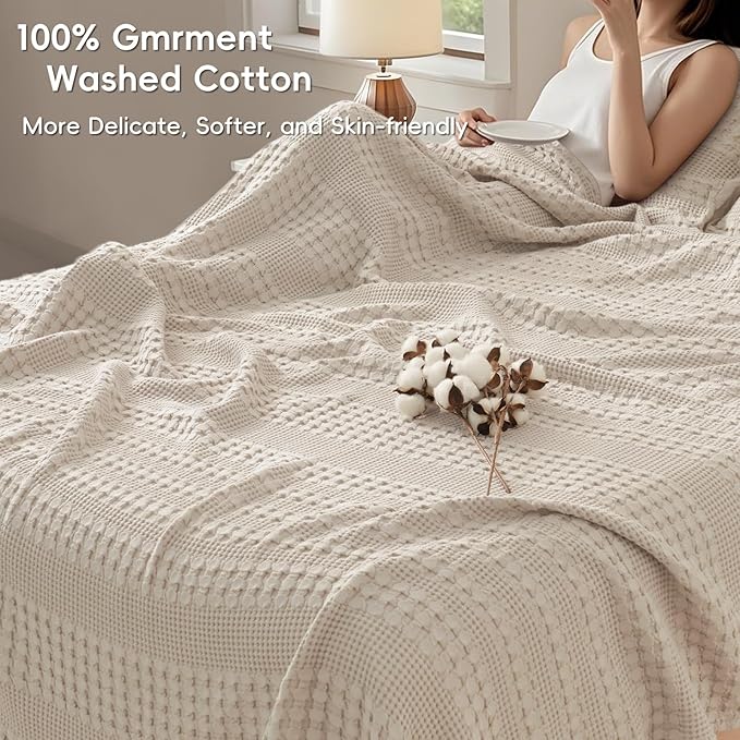 PHF 100% Cotton Waffle Blanket Oversized King 120"x120", Lightweight Breathable Extra Large 10'x10' Summer Blankets for Bed, Giant Big Luxury Aesthetic Woven Bedding for Home Decor, Oatmeal