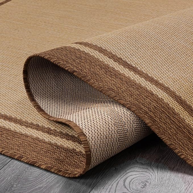 CAMILSON Outdoor Rug 8x10 Bordered Natural Brown Modern Area Rugs for Indoor and Outdoor Patios, Kitchen and Hallway Mats, Washable Porch Deck Outside Carpet (Border Jute, 8 x 10)