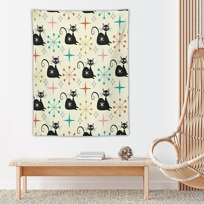 ICMOLYYENLO Abstract Cat Tapestry, Medieval Abstract Atomic Star Cat Vintage Home Wall Hanging Art Tapestry for Bedroom Living Room Dormitory 50x60 Inch