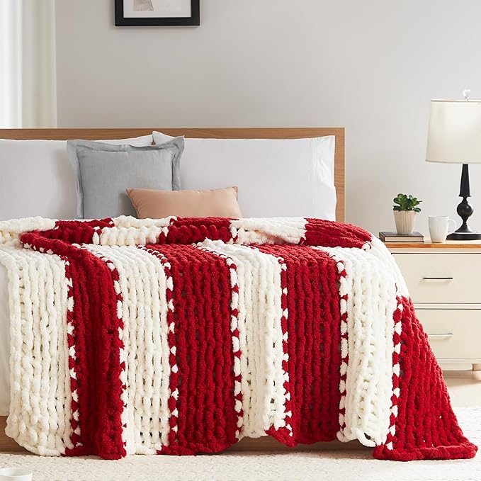 L'Agraty Chunky Knitted Throw Blanket: 80''x90'' Chenille Throw for Bed & Couch - Handmade Thick Cable Knit - Large Crochet Blanket (Red White)