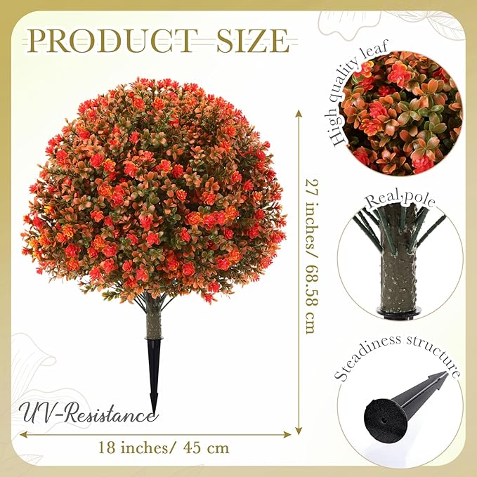 Yunlly Set of 2 Artificial Boxwood Topiary Ball Tree 27" Outdoor Boxwood Balls with Flower Faux Bush UV Resistance Fake Shrub Plant with Spike for Garden Porch Patio Decor(Fall Orange,27x18inch)