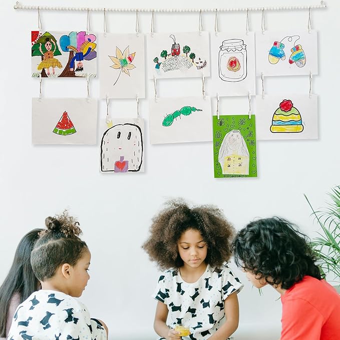Art Display for Kids Artwork,Hanging Photo Display with 36 Clips, Boho Wooden Beads Kids Art Frame Display Holder for Classroom, Bedroom Wall Decor (White)
