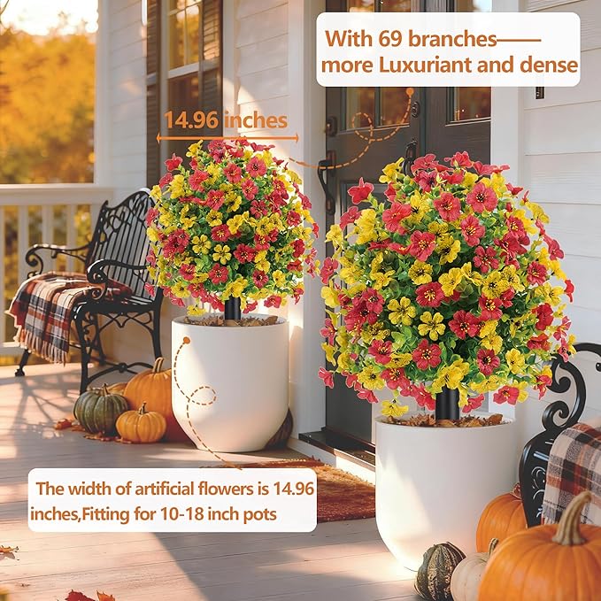 22.8" Set of 2 Fall Artificial Boxwood Topiary Ball with Spikes,UV Resistant Fake Outdoor shrubs with Violet Flowers, Realistic Faux Plants Bushes for Garden Front Porch Yard Patio Decor(Yellow+Red)