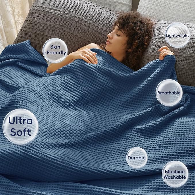 PHF Ultra Soft Waffle Weave Blanket King Size 104"x 90"- Washed Lightweight Breathablee Cozy Woven Blanket - Great for Couch Bed Sofa Home Car - Navy Blue