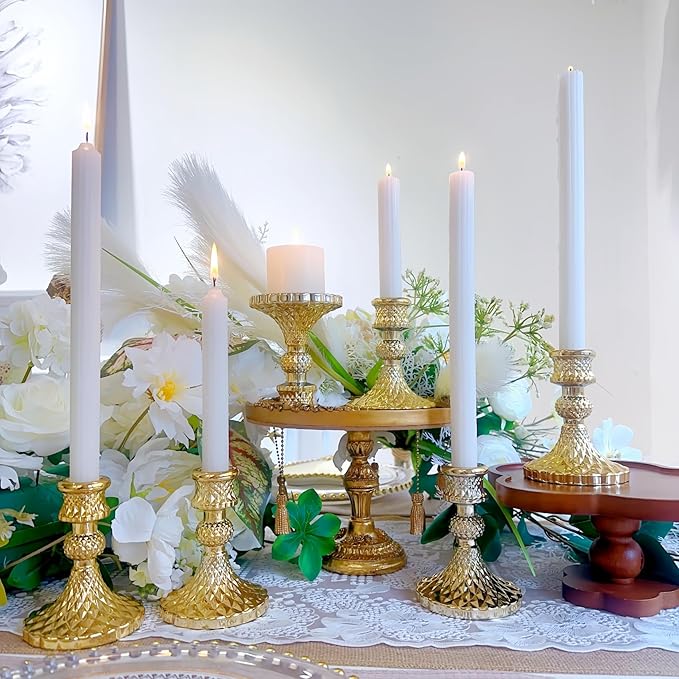 Glass Candlestick Holder,Striped Taper Candle Holders,Set of 6 Candle Stand for Table Centerpieces, Home Decor,Weddings,Festival and Parties (Gold Diamond)