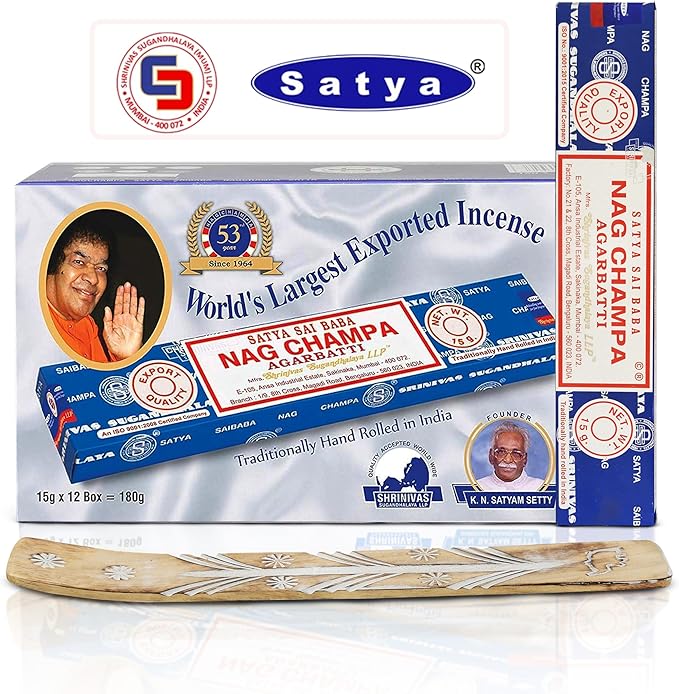 Satya Nag Champa Incense Sticks, Satya sai Baba Insenses 15gmx12 Pack with Raajsee Incense Holder Bundle, Satya Nag Champa Natural Incense 180 gm