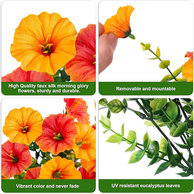 Ivydale 2 PCS Artificial Hanging Flowers Fake Plants Outdoor,Silk Morning Glory Faux Flowers with Eucalyptus Leaves,UV Resistant Realistic Hanging Plants for Home Garden Decor (Yellow+Orange)