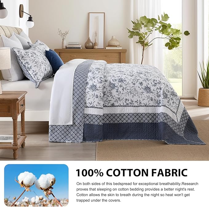 DDUOXIN Botanical Oversized King Bedspread - 120" W x120 L Extra Wide 100% Cotton California Quilt, Lightweight Reversible Oversize Bedspreads with 2 Pillow Shams, Blue/White