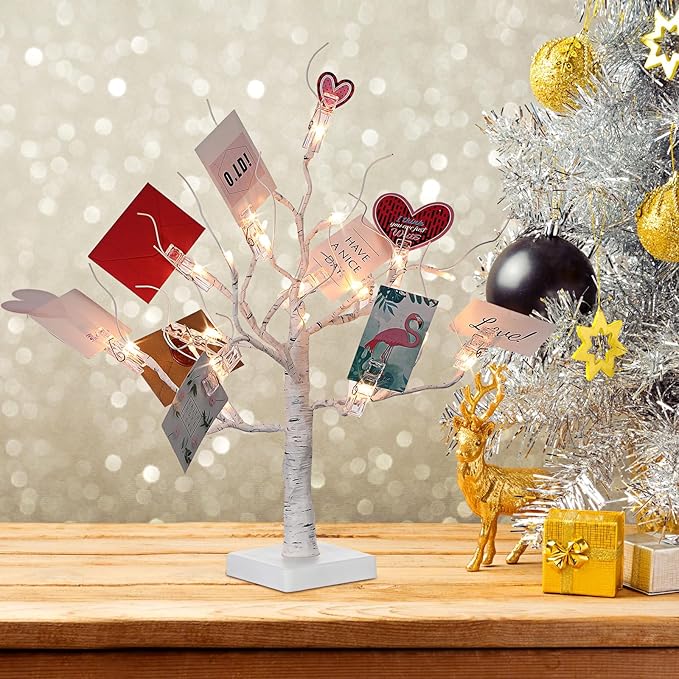 Mudder Money Holder Tree Present Card Holder with 12 Clear Clips LED Birch Twig Lights Tabletop Display Tree for Christmas, Valentines, Memo, Photo, Wedding(Trendy Style,White, Warm White)