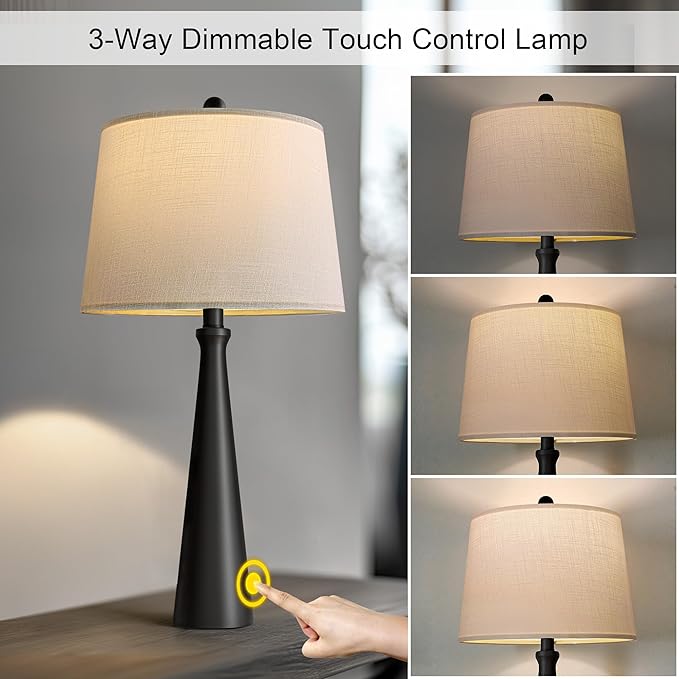 Oneach 25.75" Table Lamps for Living Room, Bedside Lamp 3-Way Dimmable Touch Control, Modern Black Nightstand Lamp with Fabric Shade, Vintage Table Lamp for Bedroom, Bulb Included