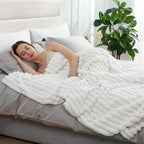 Amélie Home Faux Fur Throw Blanket for Couch, Cozy Fuzzy Fluffy Fur Luxurious Soft Striped Plush Gift Blankets for Family Sofa Chair Bed Living Room Bedroom, 60"x80", Ivory