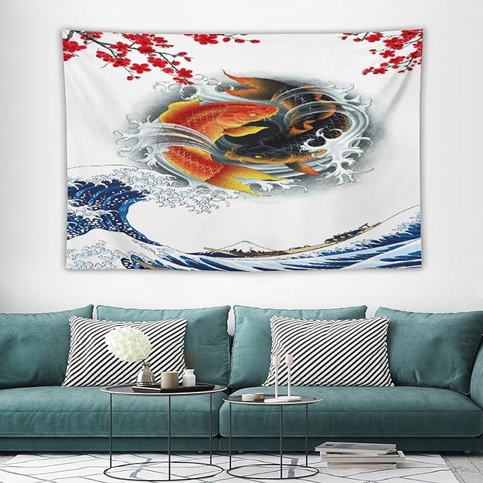 Houselerax Koi Fish Tapestry, Japanese Style Yin Yang Big Wave Cherry Blossoms Tapestries Wall Hanging for Bedroom Living Room Office Decor 90"x60"