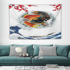 Houselerax Koi Fish Tapestry, Japanese Style Yin Yang Big Wave Cherry Blossoms Tapestries Wall Hanging for Bedroom Living Room Office Decor 90"x60"