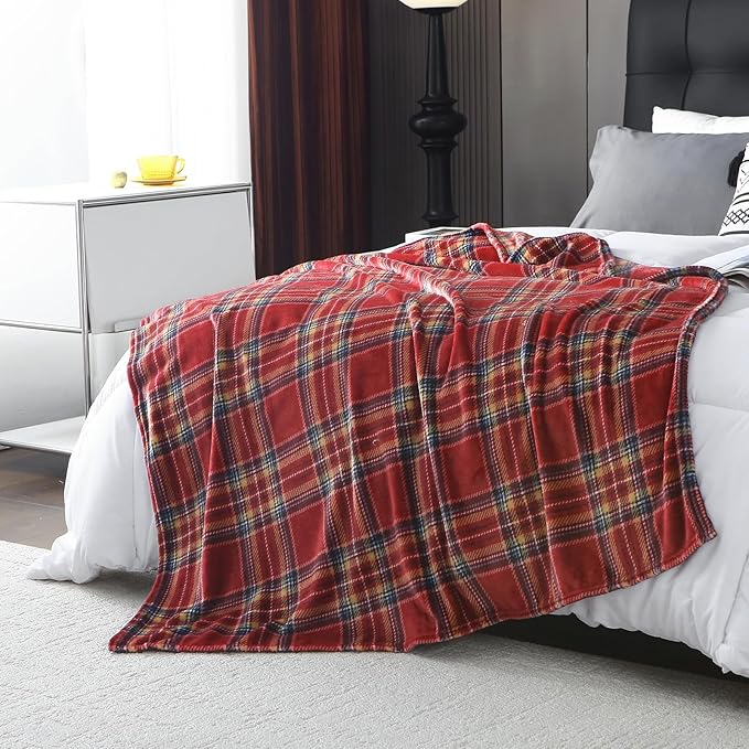 MERRYLIFE Dark Red Plaid Throw Blanket Decorative Fleece Throw | Ultra-Plush Colorful | Couch Blanket Travel Lap | Home Gift Use(50" 60",Dark Red Plaid)