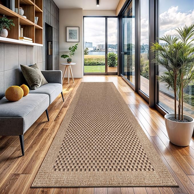 CAMILSON Indoor and Outdoor Runner Rug Natural Sisal Boho Woven Design Easy-Cleaning Non Shedding Fiber Living Room Bedroom Garden Patio and Kitchen Washable Outside Carpet Alfombras (2x7)