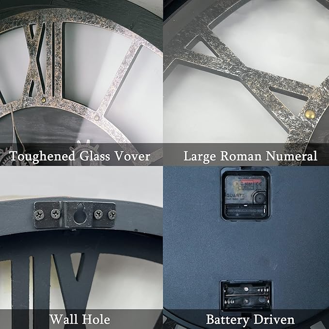 36 Inch Moving Gear Wall Clock, Oversized Wall Clocks, Clock Living Room Decor, Solid Wood Frame, Battery Operated, Large Wall Clock with Steampunk Industrial for Fireplace(Black)