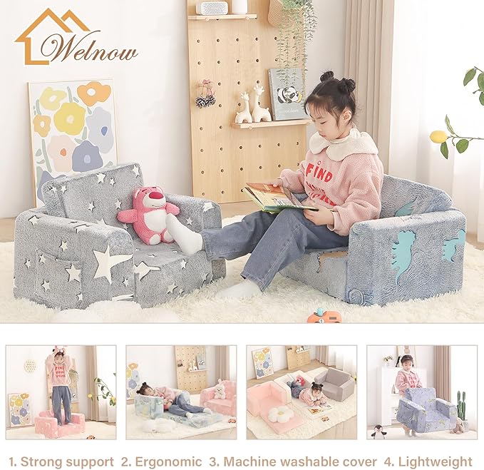 Welnow 2-in-1 Kids Sofa Chair, Glow in The Dark Convertible Toddler Chair Flip Out Children Sofa Folding Kids Play Sofa with Side Pockets & Removable Cover Armrest Chair for Girl or Boy