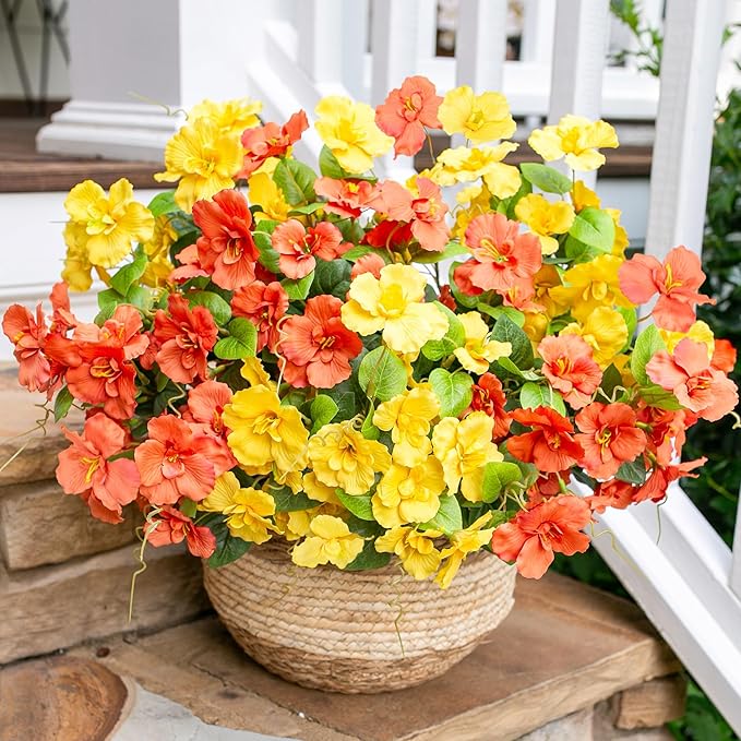 Fall Flowers Fake Flowers Mums for Outdoors Autumn Decoration, 6 Bundles Artificial Flowers Faux Silk Plants Realistic UV Resistant for Outside Planter Patio (Yellow Orange)