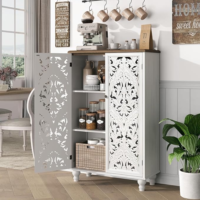 47" Tall Storage Cabinet with Doors and Shelves, Wood Accent Cabinet with Distressed Finish, Buffet & Sideboard for Living Room, Entryway, Dining Room, Bedroom, White