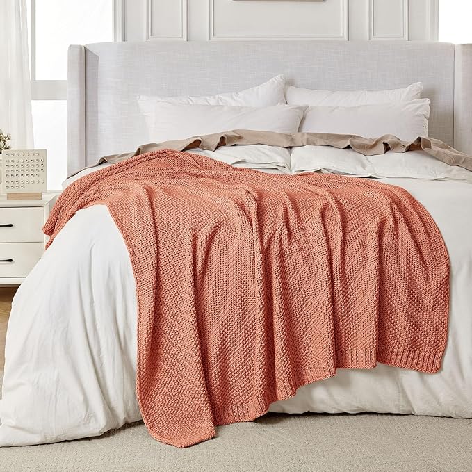 Joydeco Chunky Cable Knit Throw Blanket, Lightweight 100% Cotton Soft Cozy Throw Twin Blanket for Couch Bed and Sofa, Rustic Breathable Farmhouse Blanket Gift for Women Men(Burnt Orange, 51"x63")