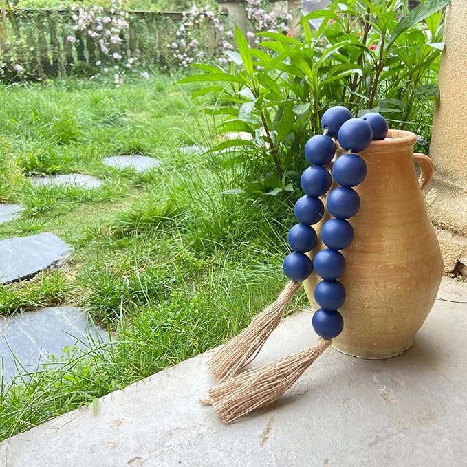 OMISHE Extra Large Wood Bead Garland in Navy Blue with 1.6" Diameter Wooden Beads and Tassels, 41" Long Rustic Farmhouse Country Decorative Beads for Home Wooden Decor, Navy Blue