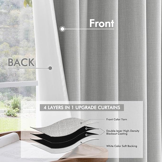 MIULEE 100% Blackout Curtains 108 Inch Long 2 Panels Set for Bedroom, Thick Luxury Faux Linen Black Out Curtain Room Darkening Back Tab Pleat Window Textured Drapes with Hooks for Living Room, Grey