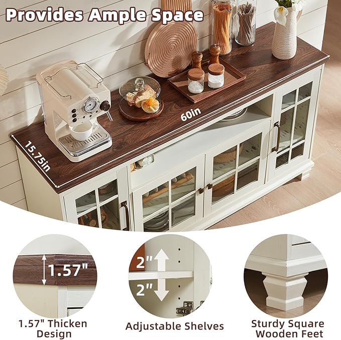 Large Sideboard Buffet Cabinet with Storage, Vintage White Farmhouse 60" Wide Credenza Accent Cabinets with Glass Doors & Wood Legs, Kitchen Coffee Bar Table for Dining Room, Living Room