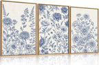 Classic Chinoiserie Floral Framed Canvas Wall Art Set, Blue and White Flower Wall Decor, Navy Watercolor Wall Painting, Minimalist Wildflower Art Print for Living Room, Bedroom - 16"x24"×3