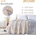 jinchan Boho 100% Cotton Muslin Twin Size 60x80 Throw Blanket Lightweight 4-Layer Orange Reversible Blanket Washable Breathable Geometric Striped Pattern Soft Comfy for Couch Bed Decor All Seasons