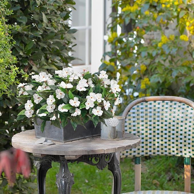Artificial Impatiens Bouquet Flowers for Outdoors Silk Faux Flowers for Outdoor Impatiens Plants Decor Indoor Planters Kitchen Planters and Balcony Decorations 2PCS (White)