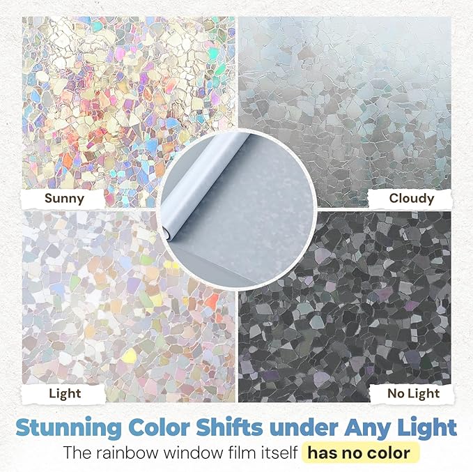 DOWELL Window Privacy Film Rainbow Film, Stained Glass Decorative Sticker, Static Cling Non-Adhesive Glass Clings, Sun Blocking Heat Control Window Coverings for Home Door, 23.6" x 78.7"