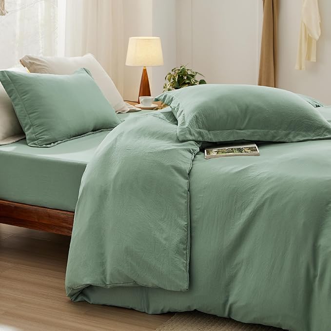 Bedsure Duvet Cover Queen Size with Fitted Sheet - 4 Pieces Prewashed Cotton-Like Extra Soft Bedding Set, Includes 1 Duvet Cover 90x90 Inches, 2 Pillow Shams, 1 Fitted Sheet, Sage Green