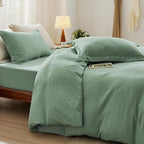 Bedsure Duvet Cover Queen Size with Fitted Sheet - 4 Pieces Prewashed Cotton-Like Extra Soft Bedding Set, Includes 1 Duvet Cover 90x90 Inches, 2 Pillow Shams, 1 Fitted Sheet, Sage Green