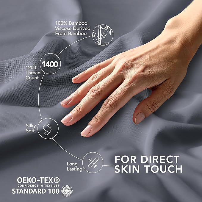 EPITEX Solid 4 Piece Queen Sheet Set - Viscose Derived from Bamboo, 1400 Thread Count, Breathable and Cooling Bed Sheets Set, Luxurious Bedding for Hot Sleeper, Deep Pocket Up to 16'', Light Grey