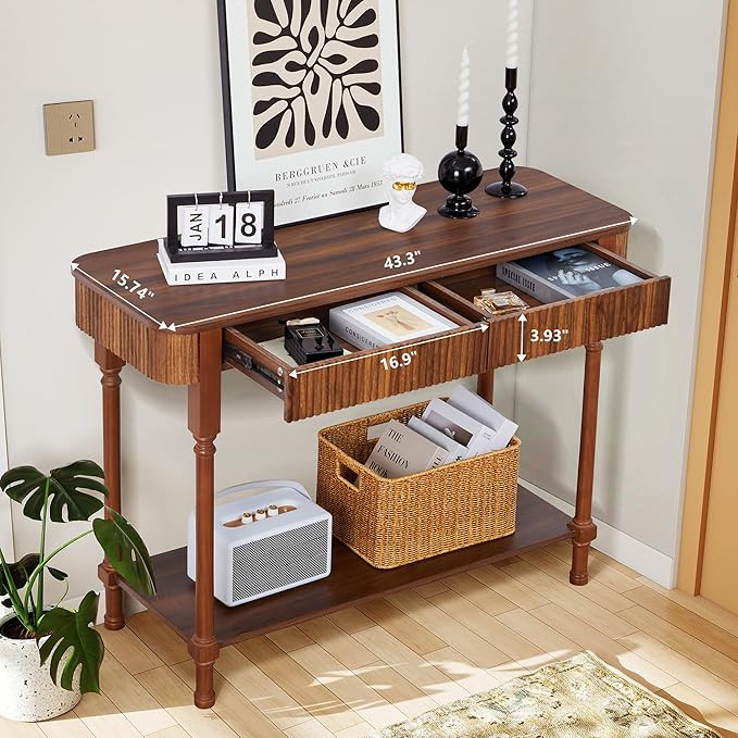 43.3” Console Table with 2 Drawers, Modern Entryway Table with Fluted Panel & Storage Shelf, Narrow Wood Behind Couch Sofa Table for Living Room, Foyer, Hallway(Walnut)