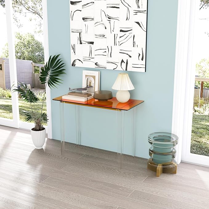 Acrylic Desk, Modern Study Table for Home Office - Extended Surface Multi-Purpose Console & Entryway Table, Sturdy Lightweight Design (42.5-inch, Orange)