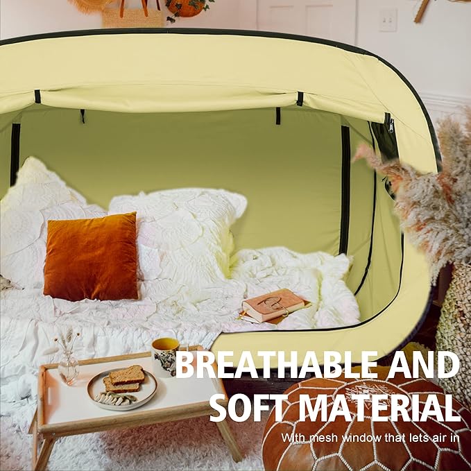 Bed Tent Twin Bed Canopy Portable Dream Tent for Adult Indoor Sleeping Tents with 2 Doors Breathable Private Space Tents, Pale Yellow