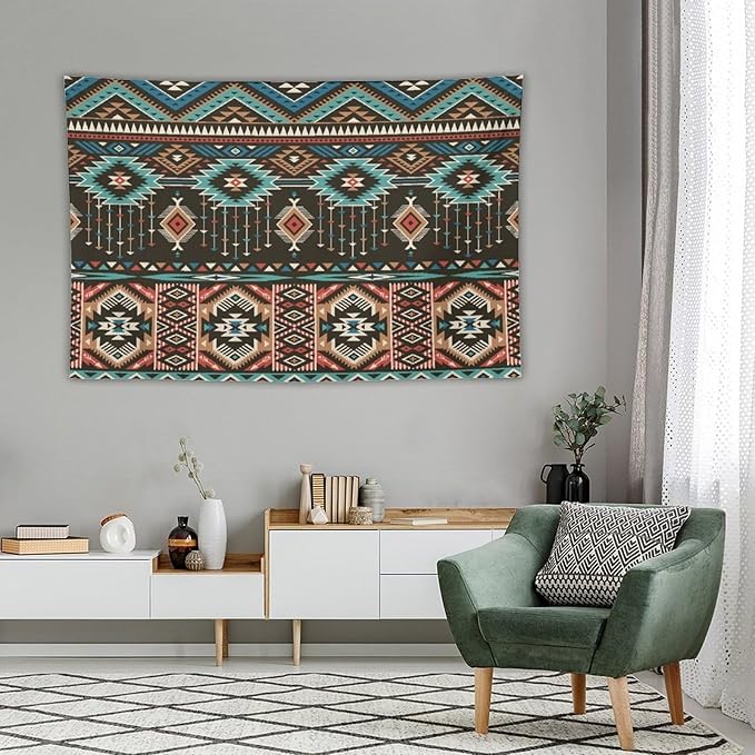 HZOHNAGO Aztec Tapestry Turquoise Blue and Brown and Native American Tribal Pattern Printed Wall Tapestry Wall Hanging for Bedroom Living Room Dorm 90" W x 60" H