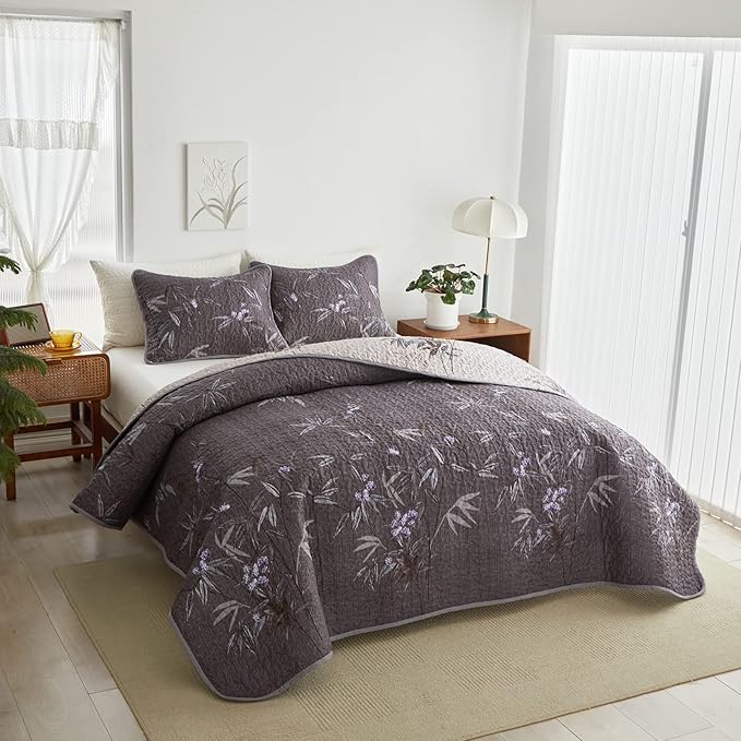 Flysheep Quilt Set 2 Pieces Twin Size, Black Leaves Botanical Design Reversible Bedspread Coverlet Set, Soft Microfiber Lightweight Bed Cover for Kids (68" x 86", 1 Quilt+ 1 Pillow Sham)