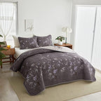 Quilt Set 3 Pieces Full/Queen Size, Black Leaves Botanical Design Reversible Bedspread Coverlet Set, Soft Microfiber Lightweight Bed Cover for All Season (90" x 90", 1 Quilt+ 2 Pillow Shams)