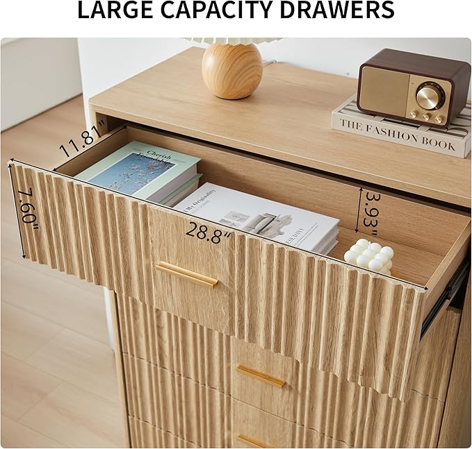 Fluted 5 Drawers Dresser for Bedroom, Wooden Tall Storage Dresser TV Stand, Curved Profile Modern Chest of Drawers, Wood Closet Clothes Storage Organizer for Living Room, Hallway, Natural 2 Sets