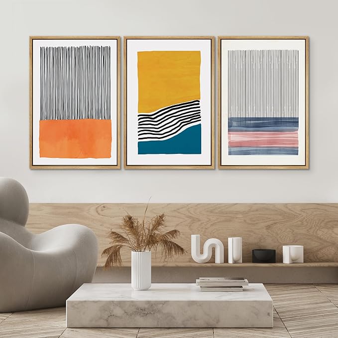 SIGNWIN Framed Wall Art Print Set Orange, Yellow, Blue & Pink Color Blocks and Lines Abstract Shapes Illustrations Modern Art Chic Relax/Calm Multicolor for Living Room, Bedroom, Office - 16"x24"x3