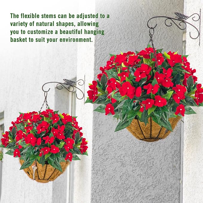 Artificial Impatiens Bouquet Flowers for Outdoors Silk Faux Flowers for Outdoor Impatiens Plants Decor Indoor Planters Kitchen Planters and Balcony Decorations 2PCS (Red)